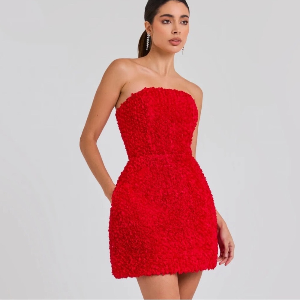 NADINE MERABI Strapless Textured Red Mini Dress